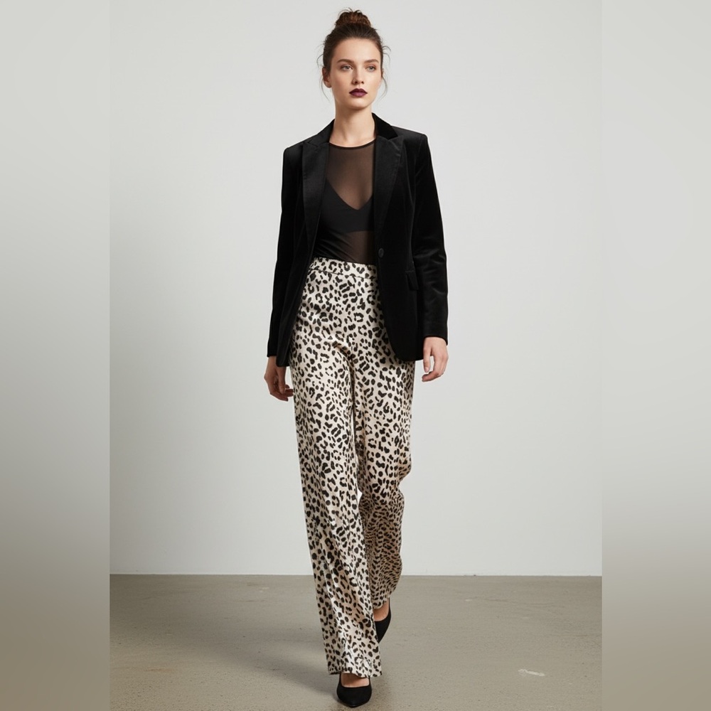 Alice + Olivia Athena Leopard Print Wide Leg Pants High Rise Silk Feel XL